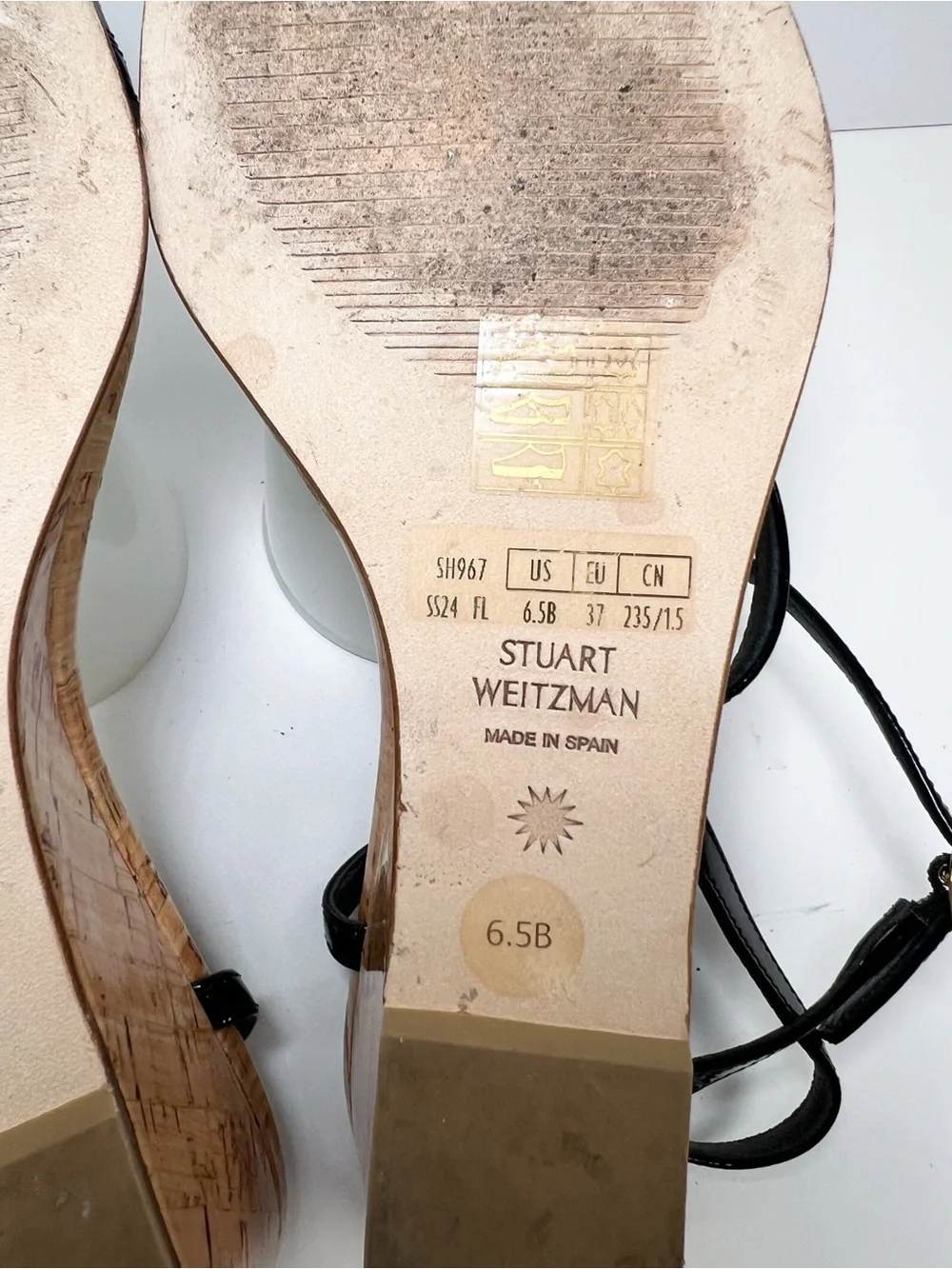 Stuart Weitzman Oasis 50 Wedge Sandal Black Patent Leather Cork size 6.5B